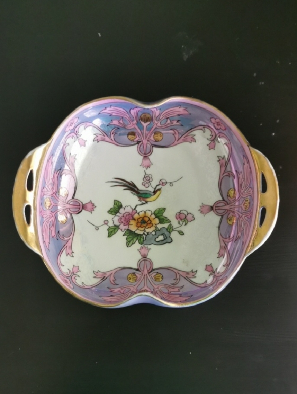 Noritake Hand-Painted Floral Bird Porcelain Dish in Lavender and Gold, Japan